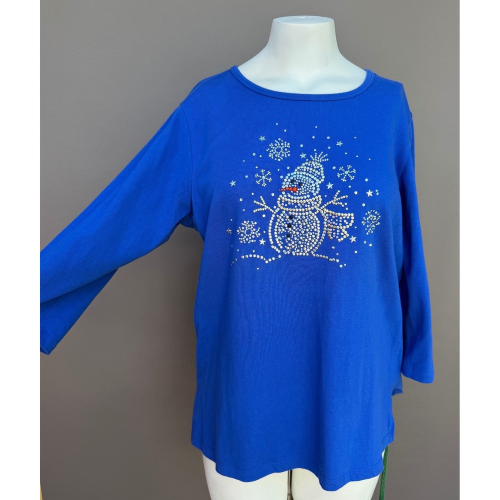 Quacker Factory Snowman Rhinestone Top L Blue Cotton Holiday Sparkle Winter Tee